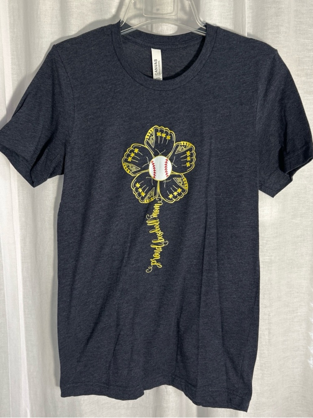 Bella Canvas Navy Blue Short Sleeve Tee with Yellow Baseball Flower Graphic